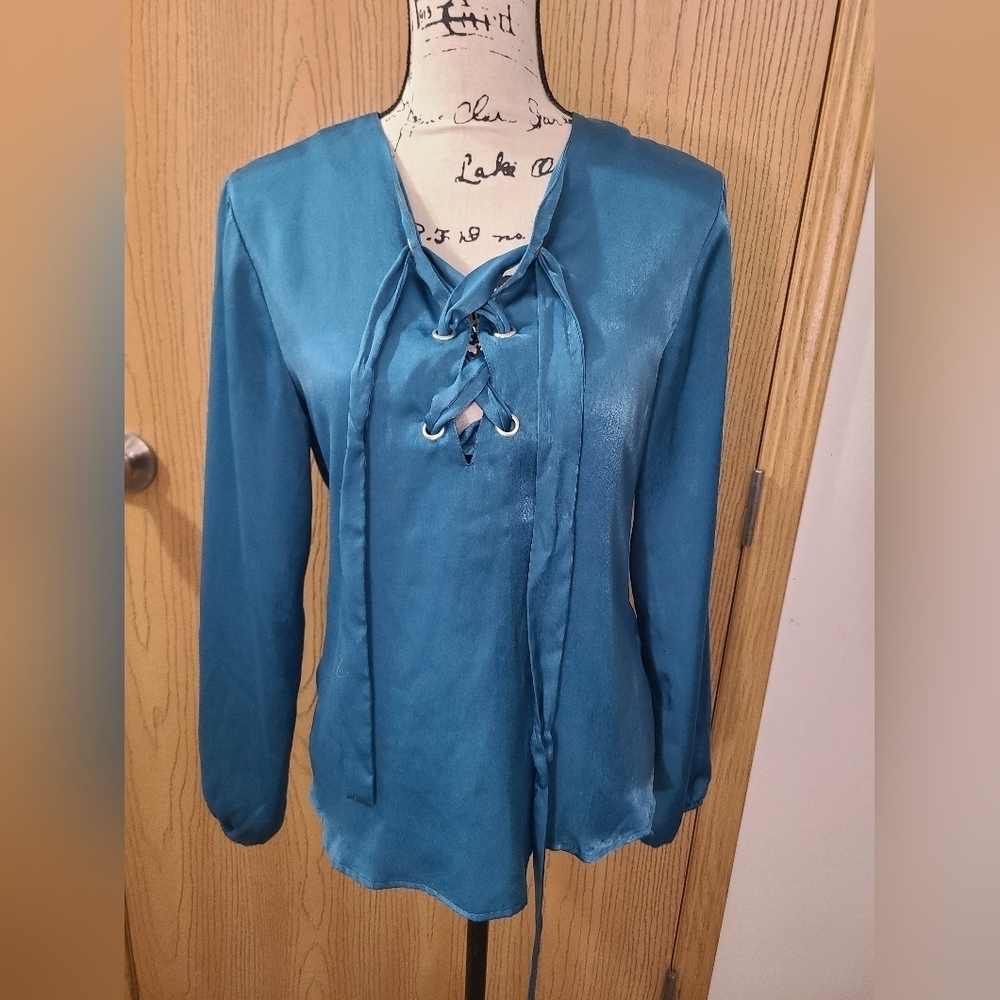 Ariat Turquoise Teal Satin Lace Up Neckline Long Sleeved Top